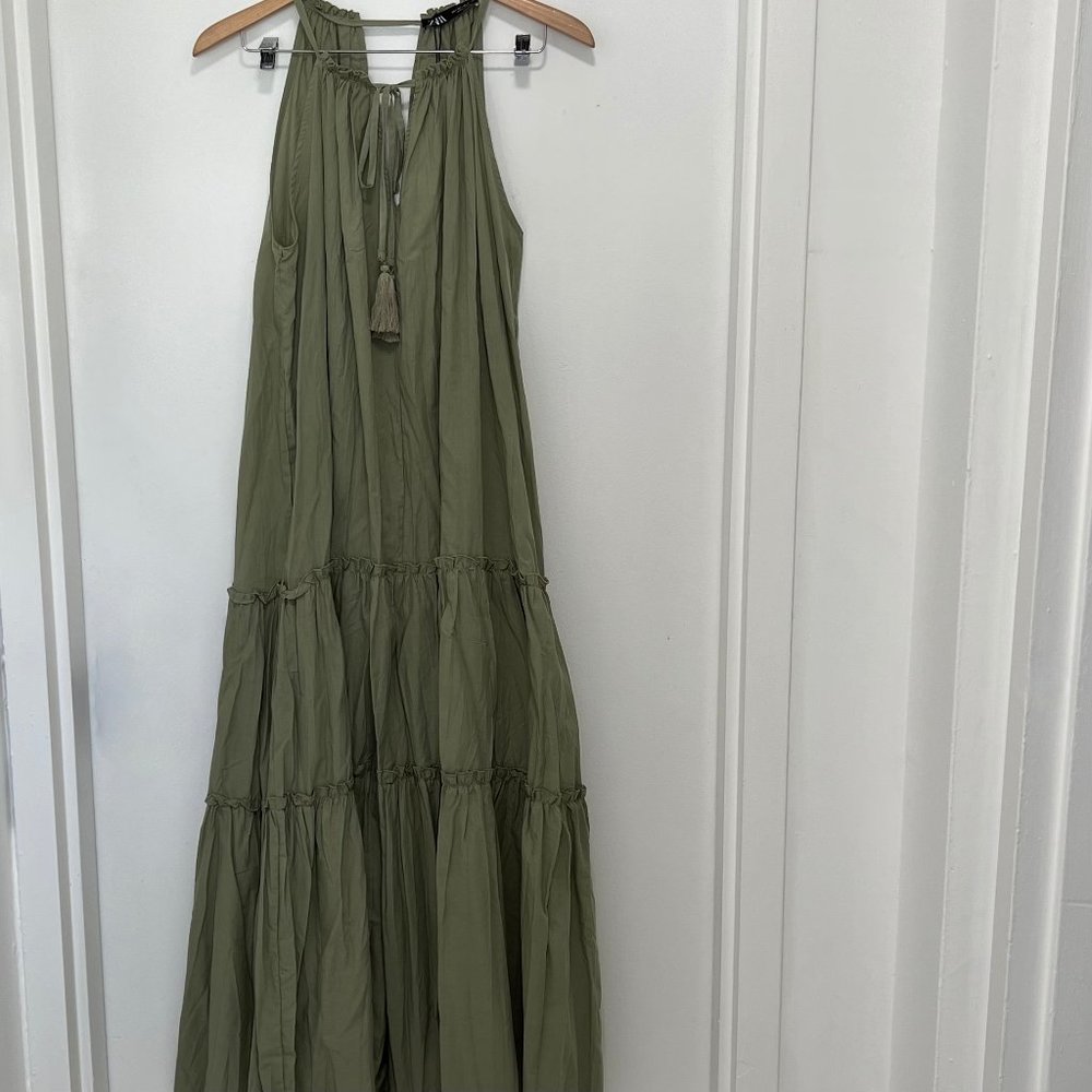 NWT ZARA green maxi dress Sz S drop waist ruffle halter